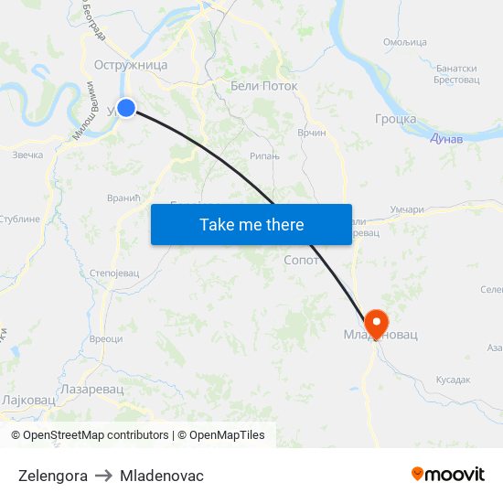 Zelengora to Mladenovac map