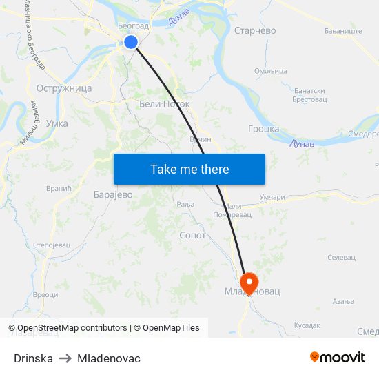 Drinska to Mladenovac map