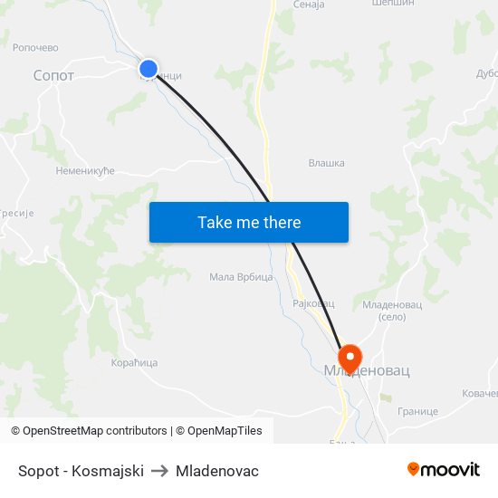 Sopot - Kosmajski to Mladenovac map