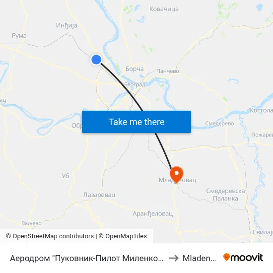 Аеродром "Пуковник-Пилот Миленко Павловић" to Mladenovac map