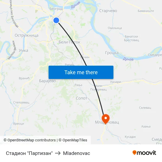 Стадион "Партизан" to Mladenovac map