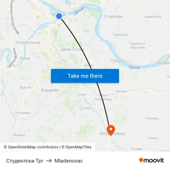 Student Square to Mladenovac map