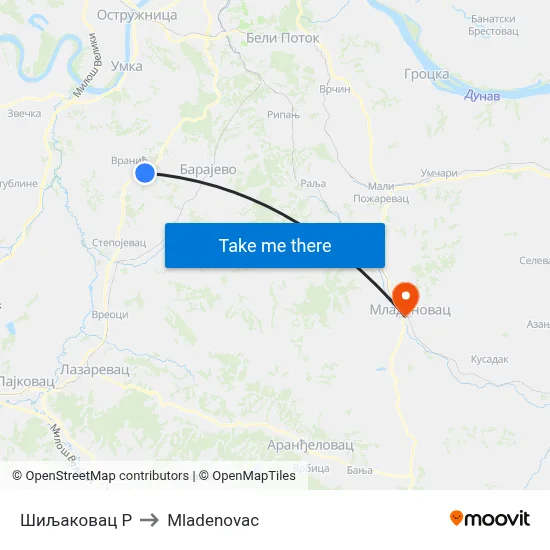 Шиљаковац Р to Mladenovac map