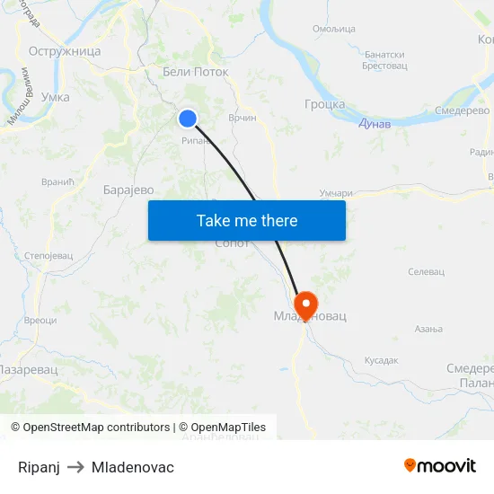 Ripanj to Mladenovac map