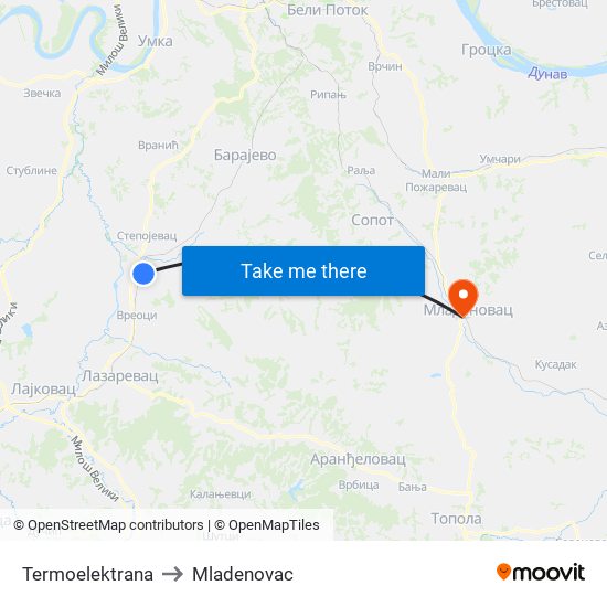 Termoelektrana to Mladenovac map