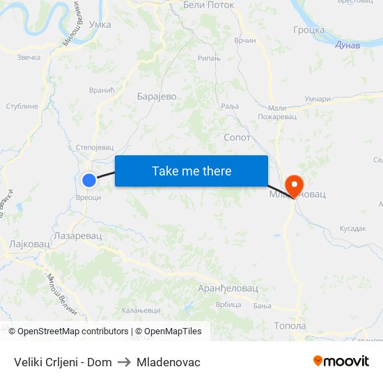 Veliki Crljeni - Dom to Mladenovac map