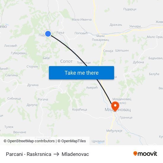Parcani - Raskrsnica to Mladenovac map
