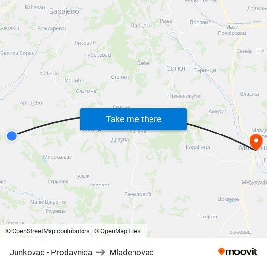 Junkovac - Prodavnica to Mladenovac map