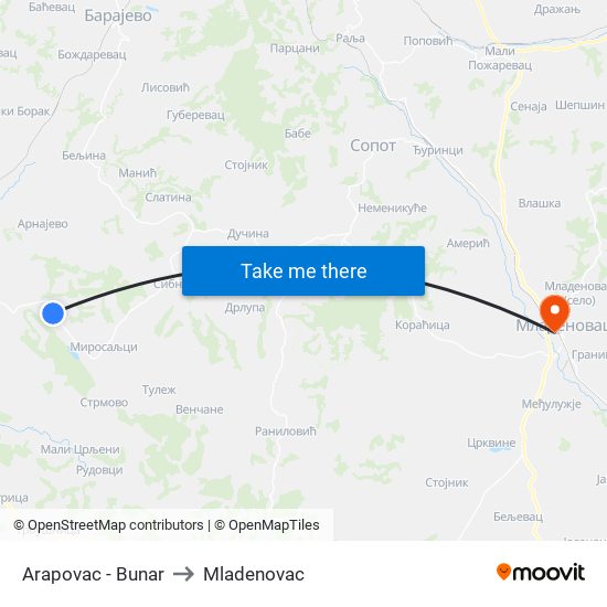 Arapovac - Bunar to Mladenovac map