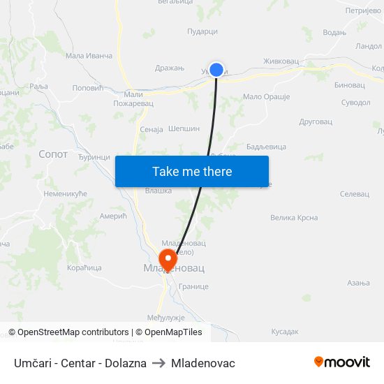 Umčari - Centar - Dolazna to Mladenovac map