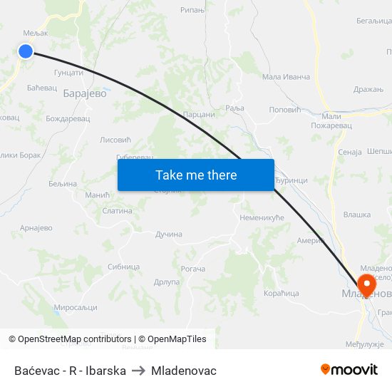 Baćevac - R - Ibarska to Mladenovac map