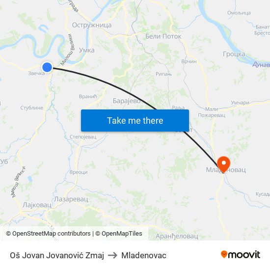 Oš Jovan Jovanović Zmaj to Mladenovac map