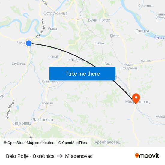 Belo Polje - Okretnica to Mladenovac map