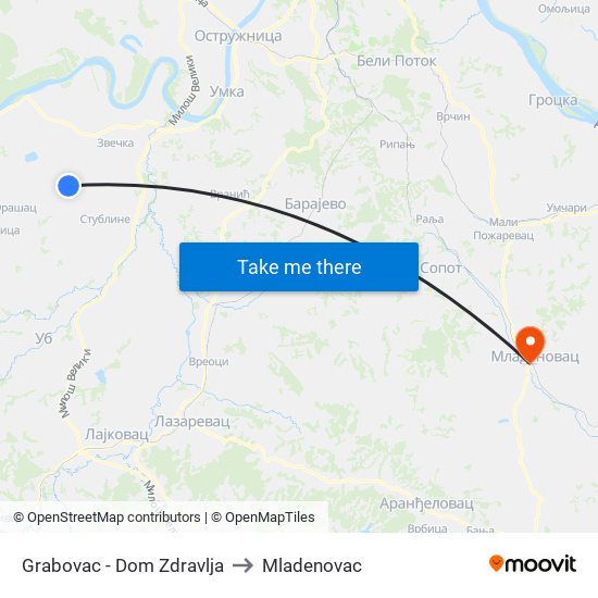 Grabovac - Dom Zdravlja to Mladenovac map