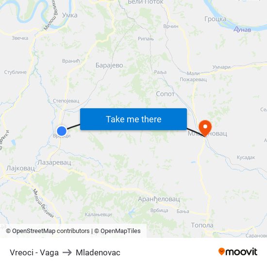 Vreoci - Vaga to Mladenovac map