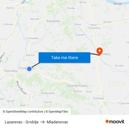 Lazarevac - Groblje to Mladenovac map