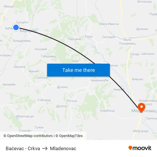 Baćevac - Crkva to Mladenovac map