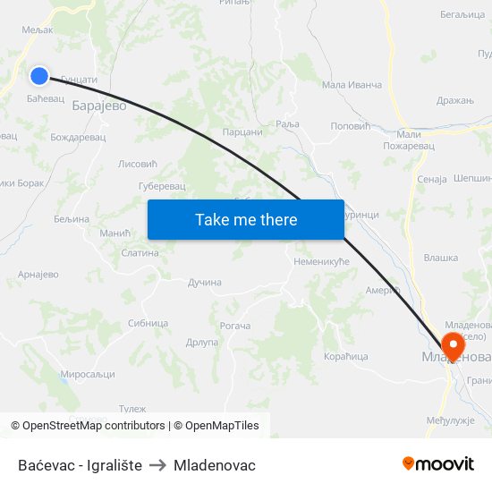 Baćevac - Igralište to Mladenovac map