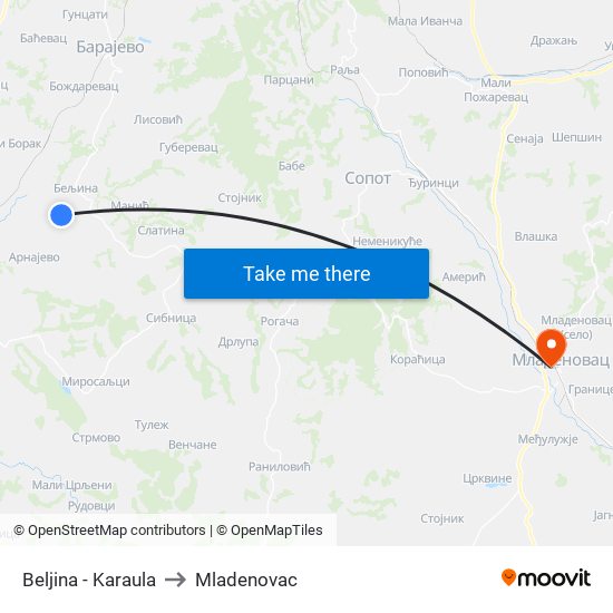 Beljina - Karaula to Mladenovac map