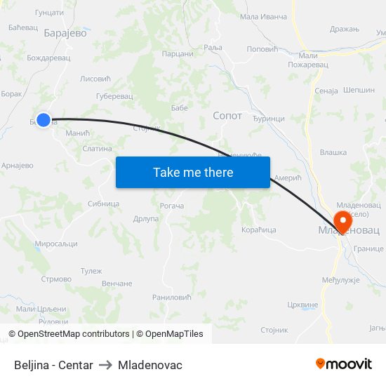 Beljina - Centar to Mladenovac map