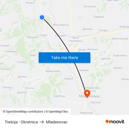 Trešnja - Okretnica to Mladenovac map