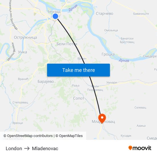 London to Mladenovac map