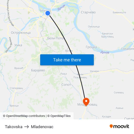 Takovska to Mladenovac map