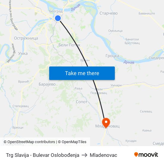 Trg Slavija - Bulevar Oslobođenja to Mladenovac map