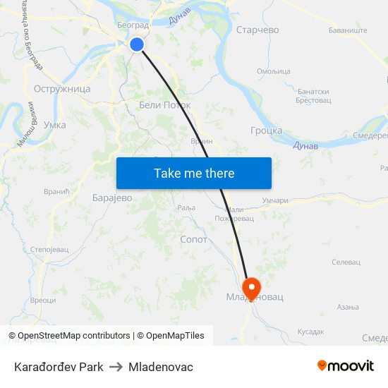 Karađorđev Park to Mladenovac map