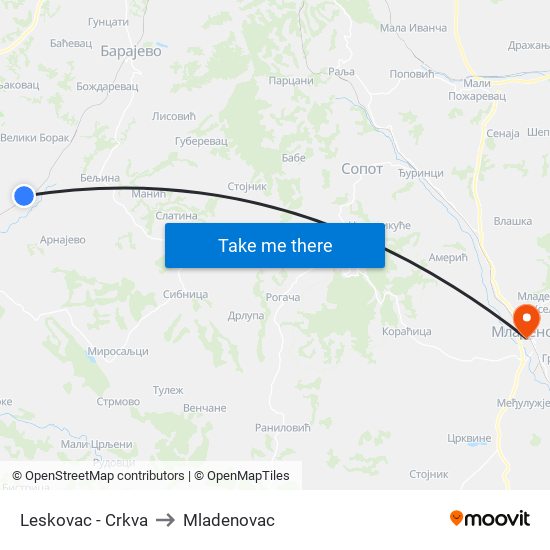 Leskovac - Crkva to Mladenovac map