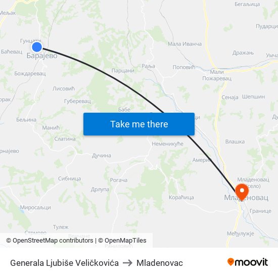 Generala Ljubiše Veličkovića to Mladenovac map