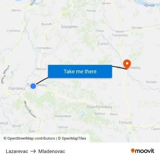Lazarevac to Mladenovac map