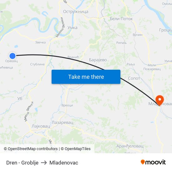 Dren - Groblje to Mladenovac map