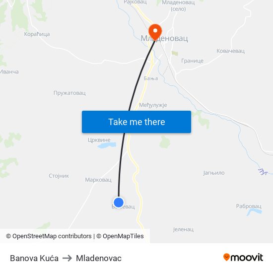 Banova Kuća to Mladenovac map