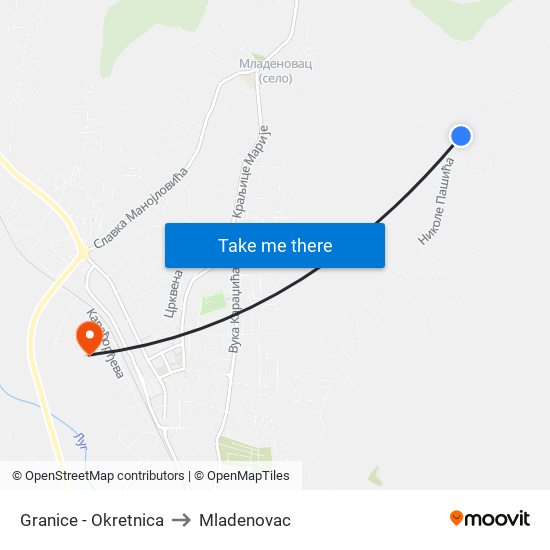 Granice - Okretnica to Mladenovac map