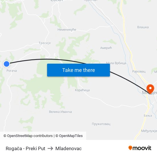 Rogača - Preki Put to Mladenovac map