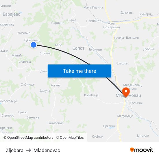 Žljebara to Mladenovac map