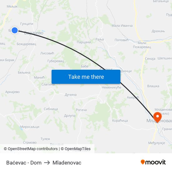 Baćevac - Dom to Mladenovac map