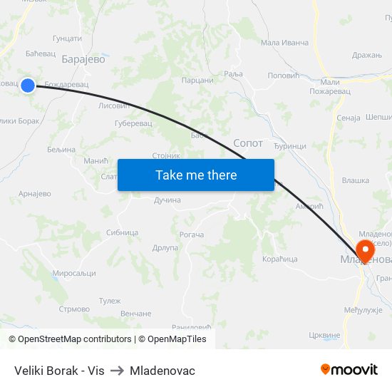 Veliki Borak - Vis to Mladenovac map