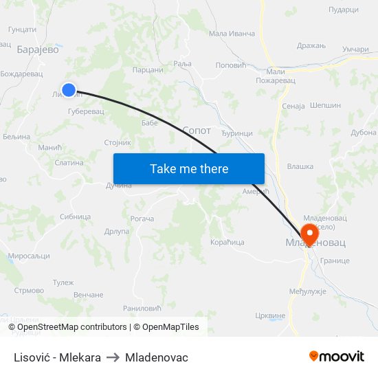 Lisović - Mlekara to Mladenovac map