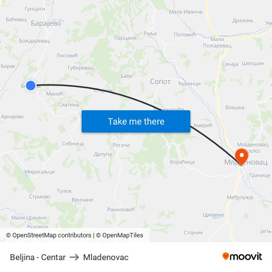 Beljina - Centar to Mladenovac map