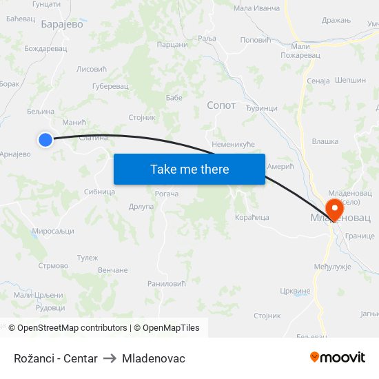 Rožanci - Centar to Mladenovac map