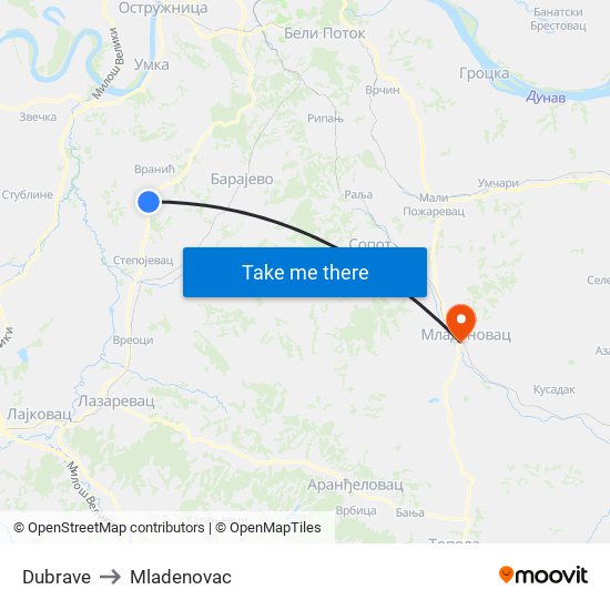 Dubrave to Mladenovac map