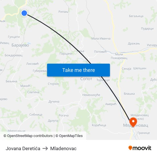 Jovana Deretića to Mladenovac map