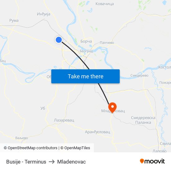 Busije - Terminus to Mladenovac map