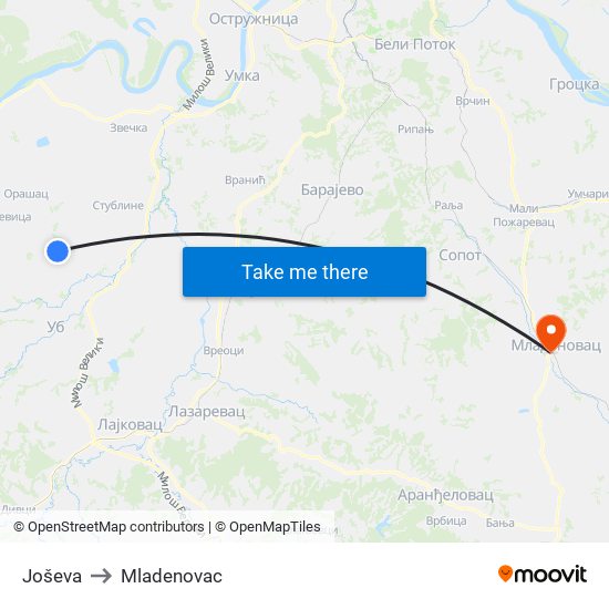 Joševa to Mladenovac map