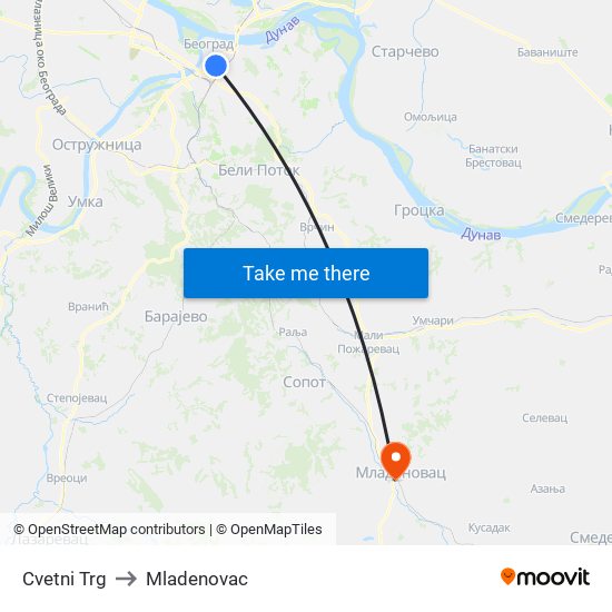Cvetni Trg to Mladenovac map