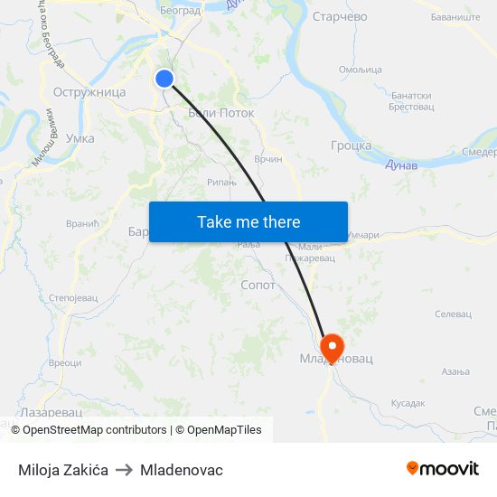 Miloja Zakića to Mladenovac map