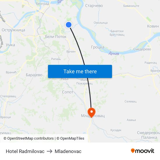 Hotel Radmilovac to Mladenovac map