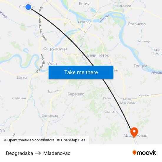 Beogradska to Mladenovac map